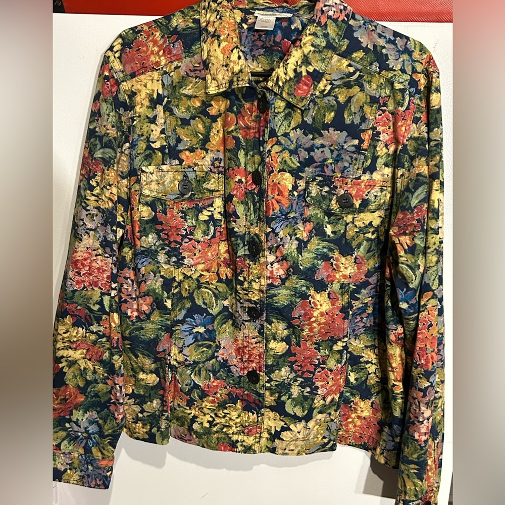 COLDWATER CREEK Vibrant Multi Color Floral Blazer/Jacket 100% Cotton M/L.